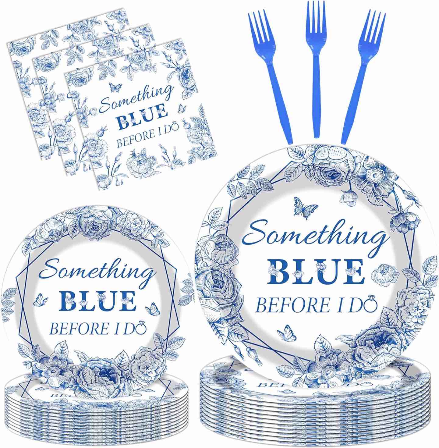 Hokinaa Blue Floral Party Plates - 96 Pcs Wildflower Bow Tableware Decorations, Disposable Paper Plates Napkins Forks, Wedding Bachelorette Bridal Shower Birthday Party Supplies, Serves 24 Guests
