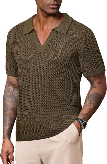 Vogstart Mens Johnny Collar Polo Shirts Crochet Hollow Out Summer Casual Shirt - Large