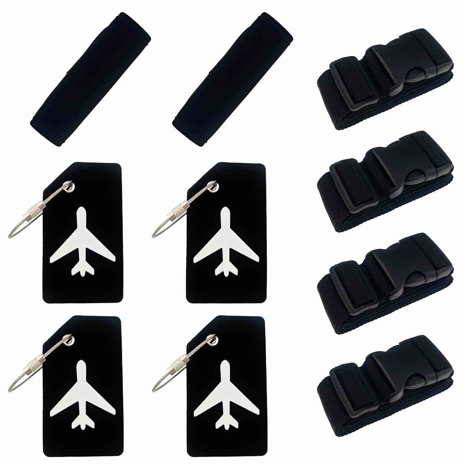 Zelerdo 10 Pack Luggage Accessories Set, 4 Pack Luggage Straps, 2 Pack Luggage Handle Wrap and 4 Pack Luggage Tags with Name ID Card (Black)