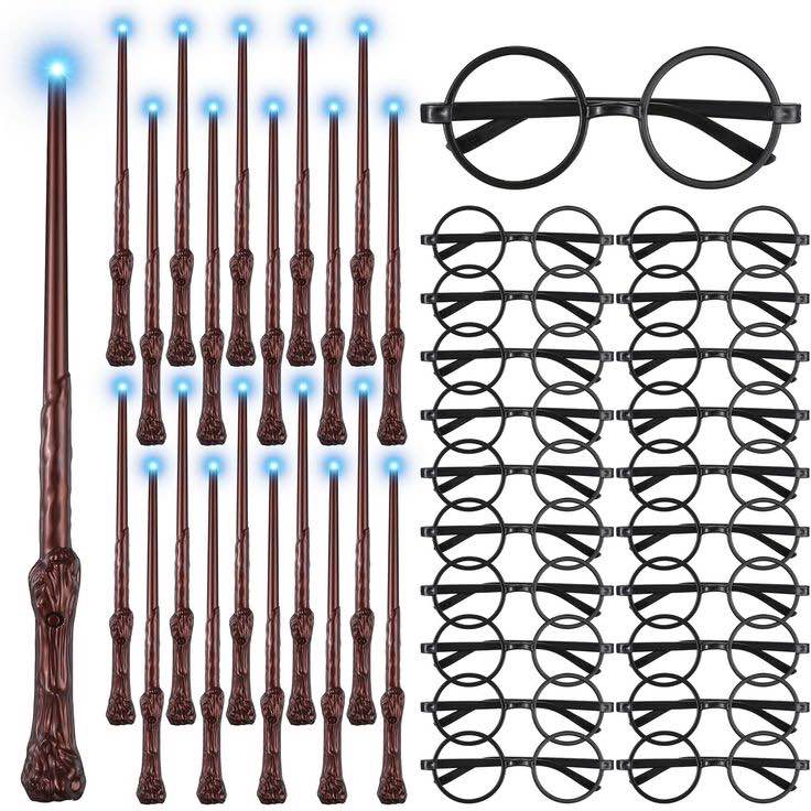 40 pcs light up magic wizard wands and glasses frame, perform school decor for halloween birthday gifts cosplay party costume senior band accessories(black,brown)