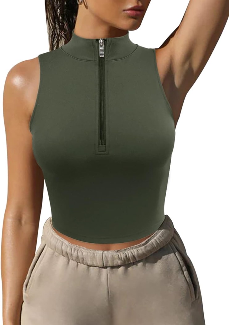 (2X-Large) LASLULU Womens Half Zipper Workout Top Racerback Yoga Short Tank Tops Collar Athletic Shirt Slim Fit Crop Tops Built in Bra