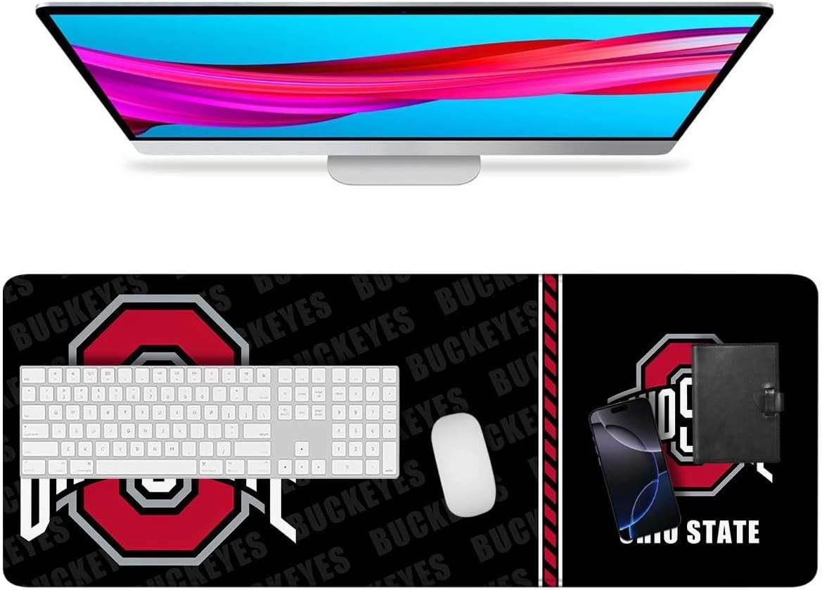 large extended gaming mouse pad with stitched edges, non-slip waterproof rubber base college football mouse pad for ohio state office, computer, keyboard, laptop and home desk pad 31.5" x 11.8"