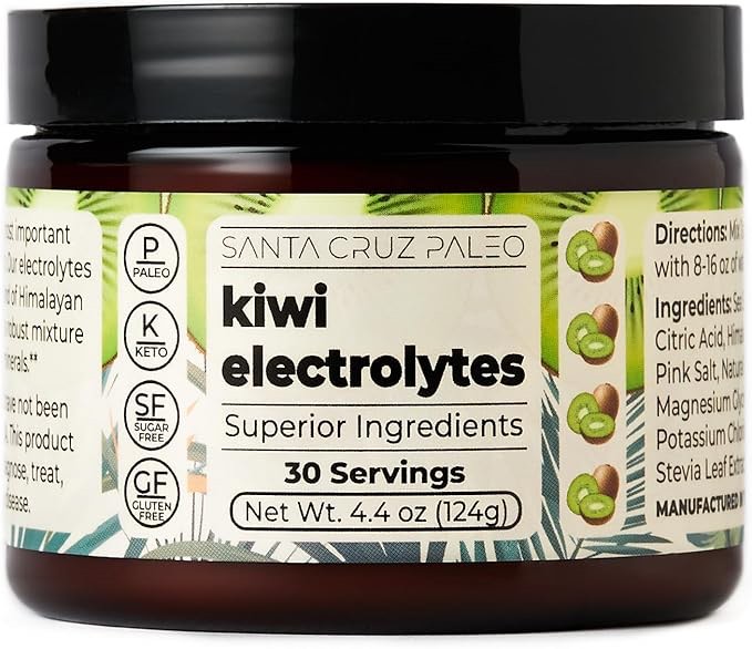 santa cruz paleo electrolyte powder, kiwi flavor, sugar free hydration drink mix with himalayan pink salt, sea salt, magnesium glycinate, potassium chloride, sweetened with stevia, 30 servings