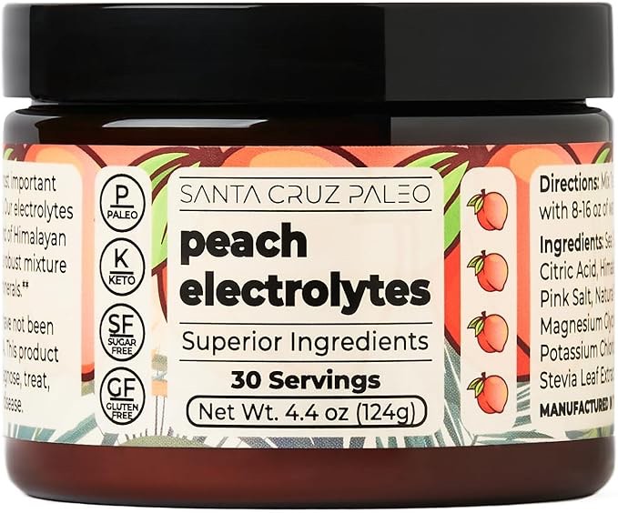 Santa Cruz Paleo Electrolyte Powder, Peach Flavor, Sugar Free Hydration Drink Mix with Himalayan Pink Salt, Sea Salt, Magnesium Glycinate, Potassium Chloride, Sweetened with Stevia, 30 Servings