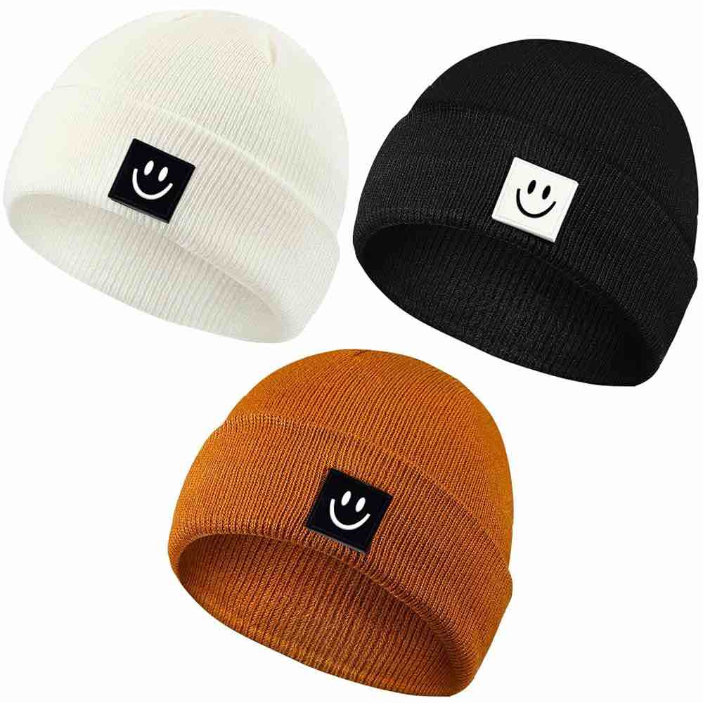 GFDYREE 3 Pieces Baby Smile Face Beanie Caps — Beanie Knit Hats for Toddler/Kids — Beanie Caps Smile Face Embroidered Soft Winter Hats (0-6 Months)