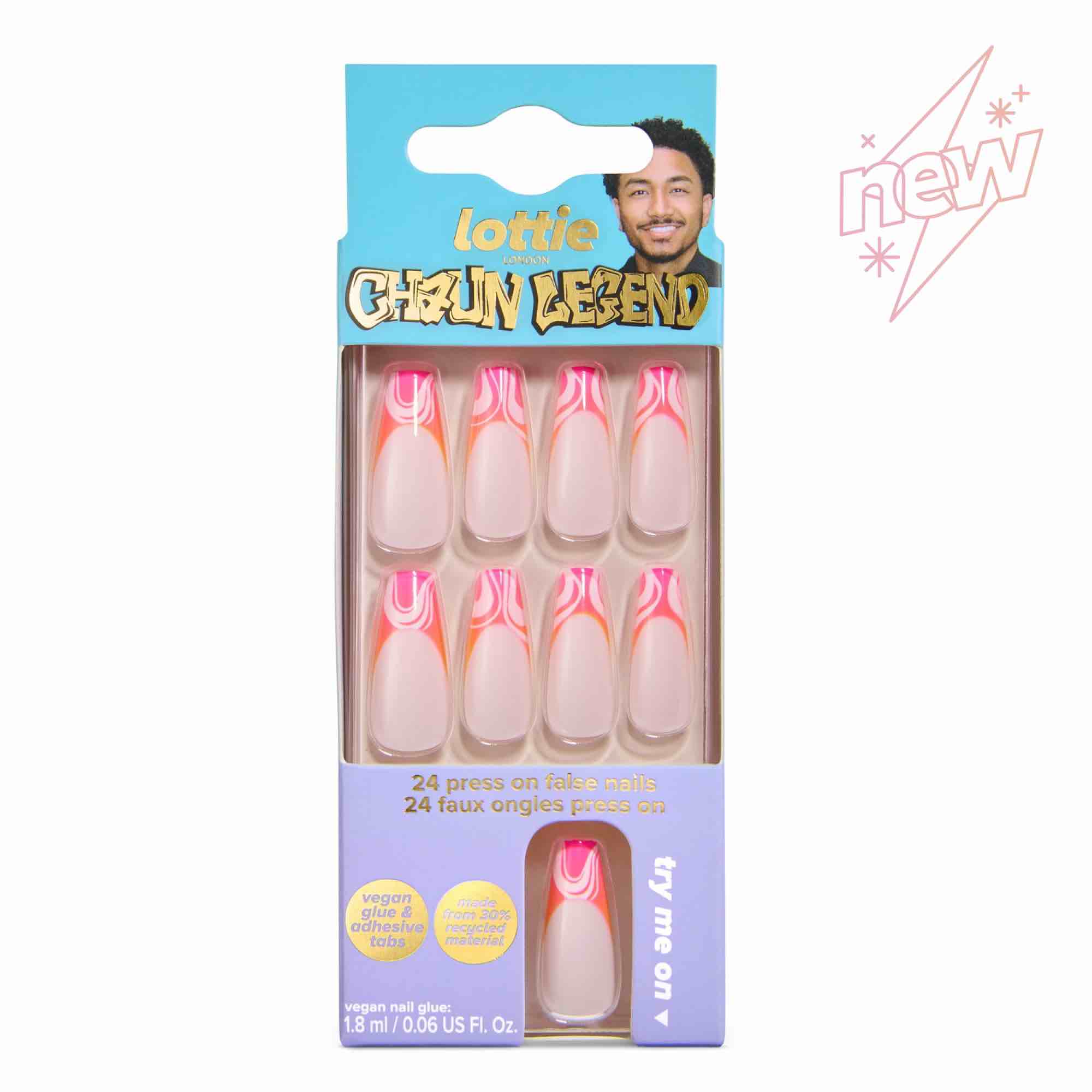 Lottie London x Chaun Legend Stay Press'd, Press on Nail Set — Pink & Orange Ombre Swirl Tips Coffin Shape (Chaunbré Sunset, 24 Nails)