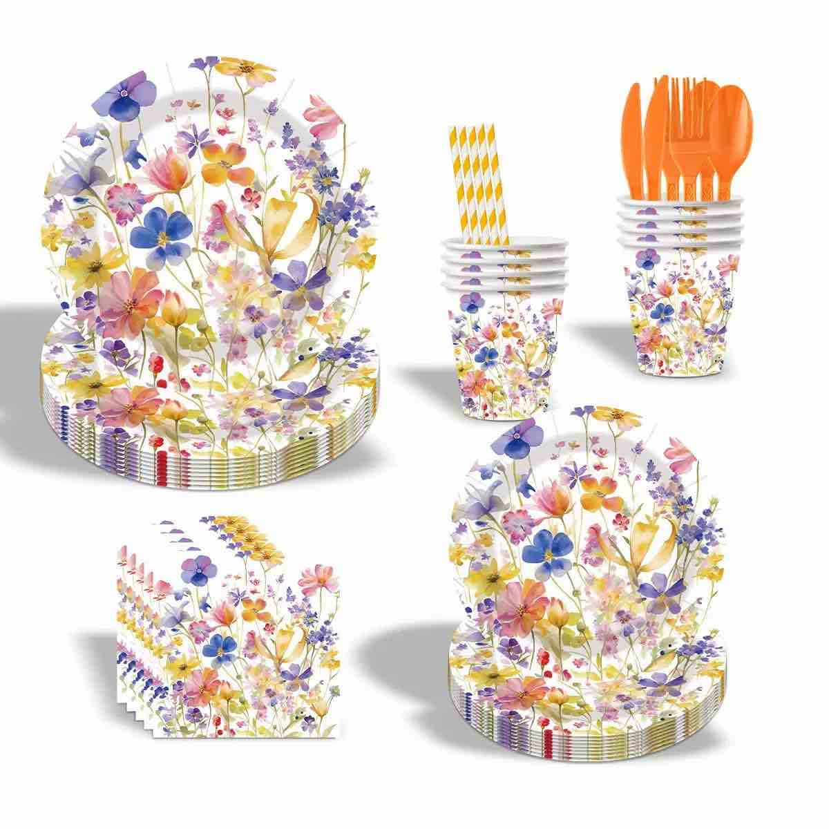 flower themed birthday party supplies, spring party supplies decorations flowers themed dinnerware for butterflies birthday home decor, serves 24