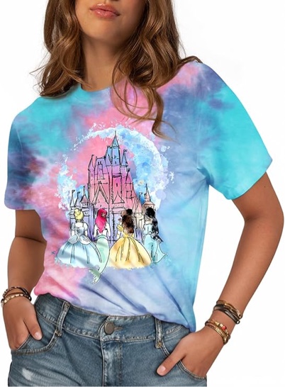 Graphic Y2K Pattern Castle -- Princess Teen Miss Adola Tie Dye Shirt Women - Aesthetic Fashion Short Sleeve Shirt Round Neck Trendy