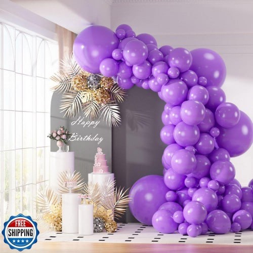 130pcs Purple Balloons Garlands Kit, 18" 12" 10" 5" Different Sizes Pack Purple Latex Balloon Arch for Birthday Gender Reveal Baby Shower Graduation Party Supplies(With 2 Ribbons)