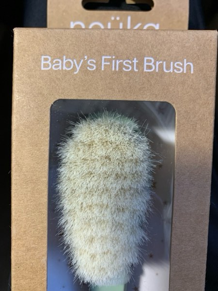 Condition photo showing New/Like New for nouka Baby's First Hair Brush | Ultra-soft Natural Bristles | Wooden Design with Silicone Sleeve | Bloom