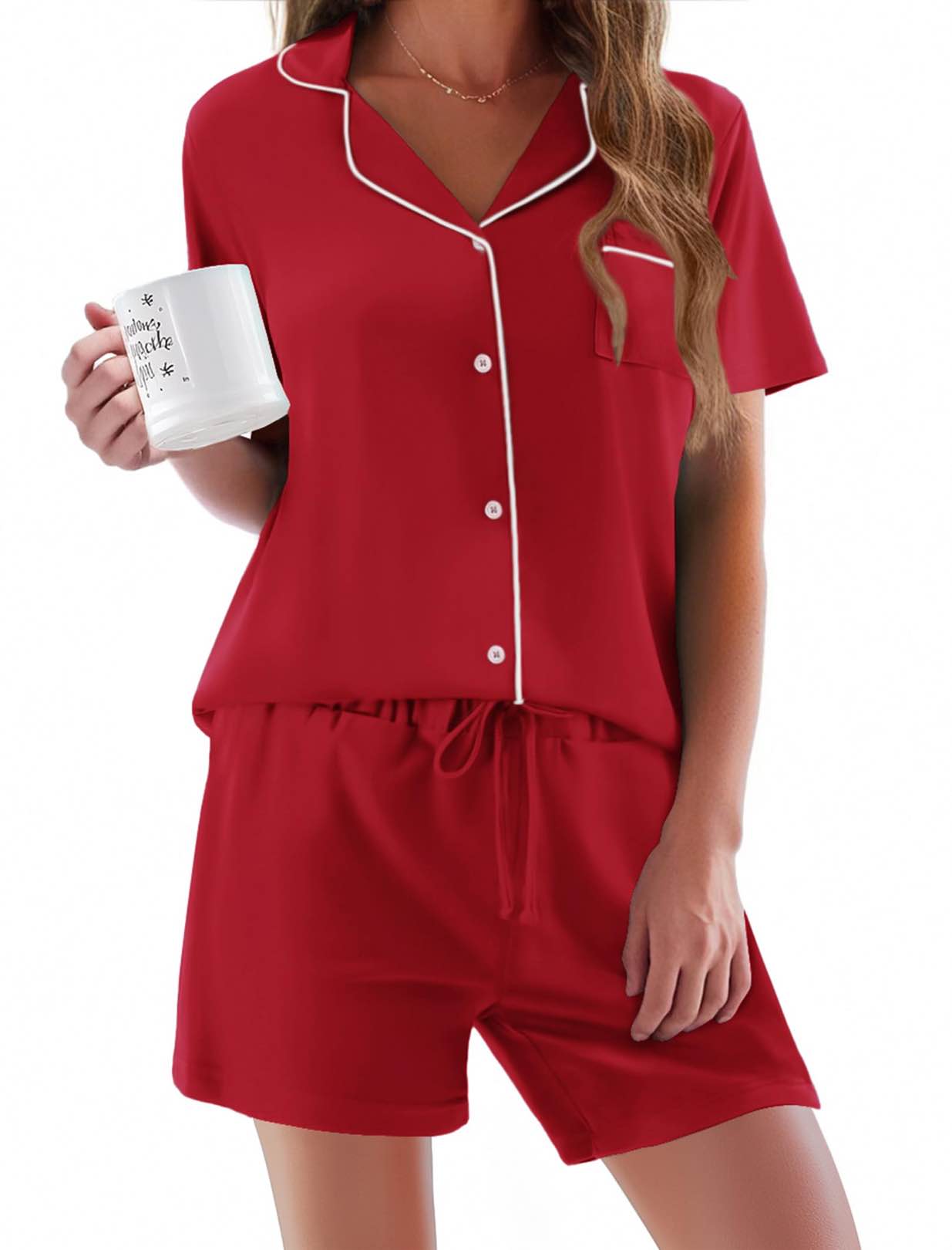 Ekouaer Womens Pajama Set Button Down Sleepwear Short Sleeve Pjs Top and Short with Pocket Soft Lounge Set Blue XX-Large