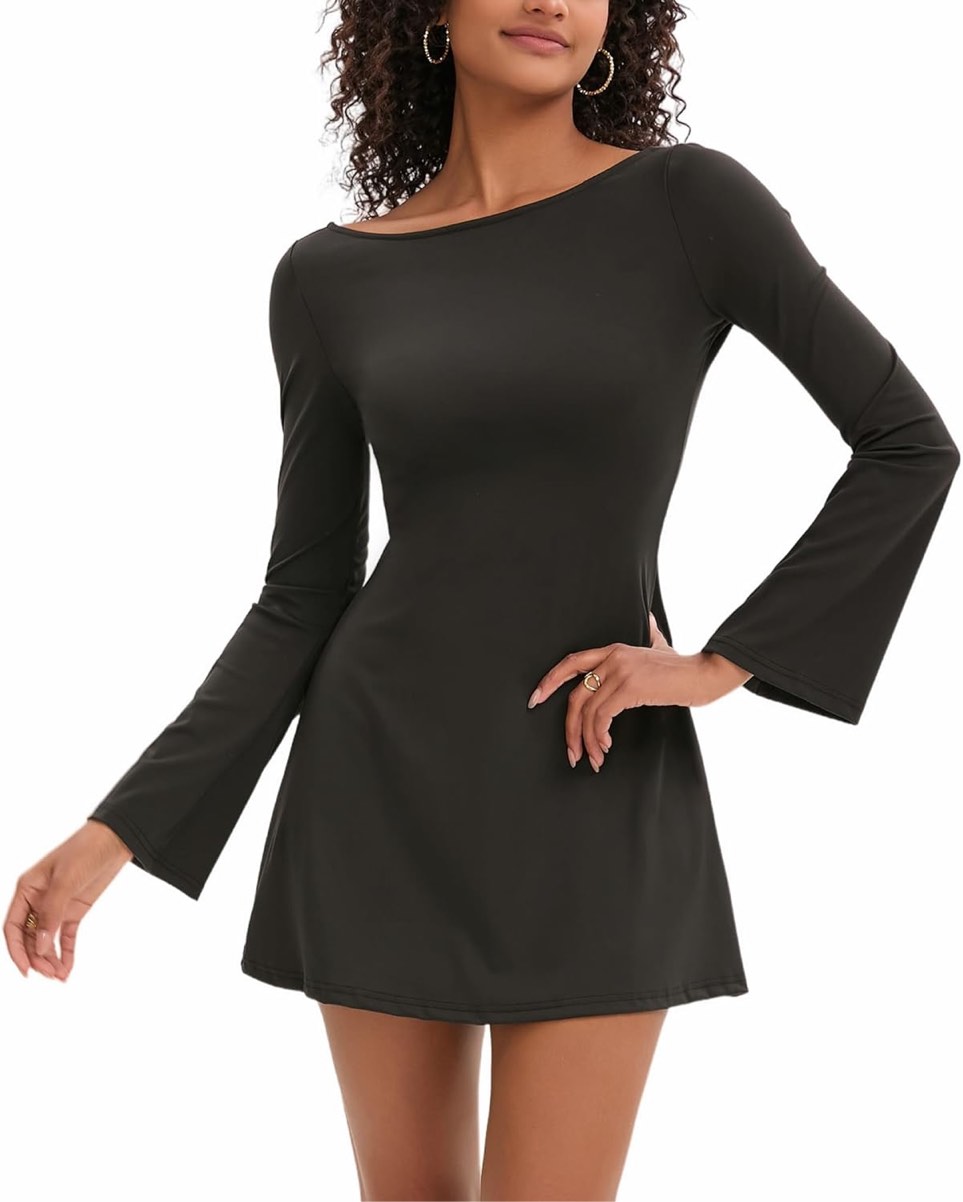 (X-Large) Topcloset Women's Tennis Dress Open Back Long Sleeve Dress Flare Mini Dresses Party Club Dress