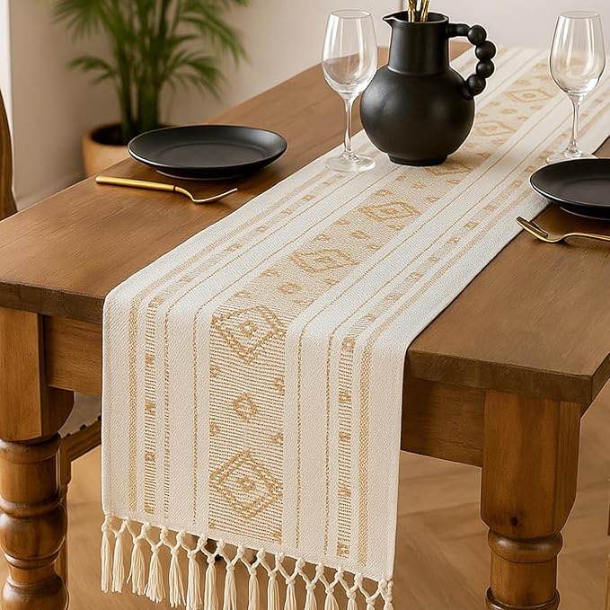 crisjanggo rustic boho table runner with tassels party decor 48 inches washable cotton woven table decor for birthday weddings