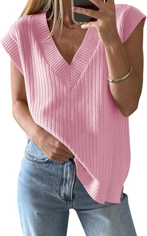 Womens V Neck Sweater Vest Oversized Ribbed Knit Sleeveless Casual Loose Fit Pullover Tank Top (small)