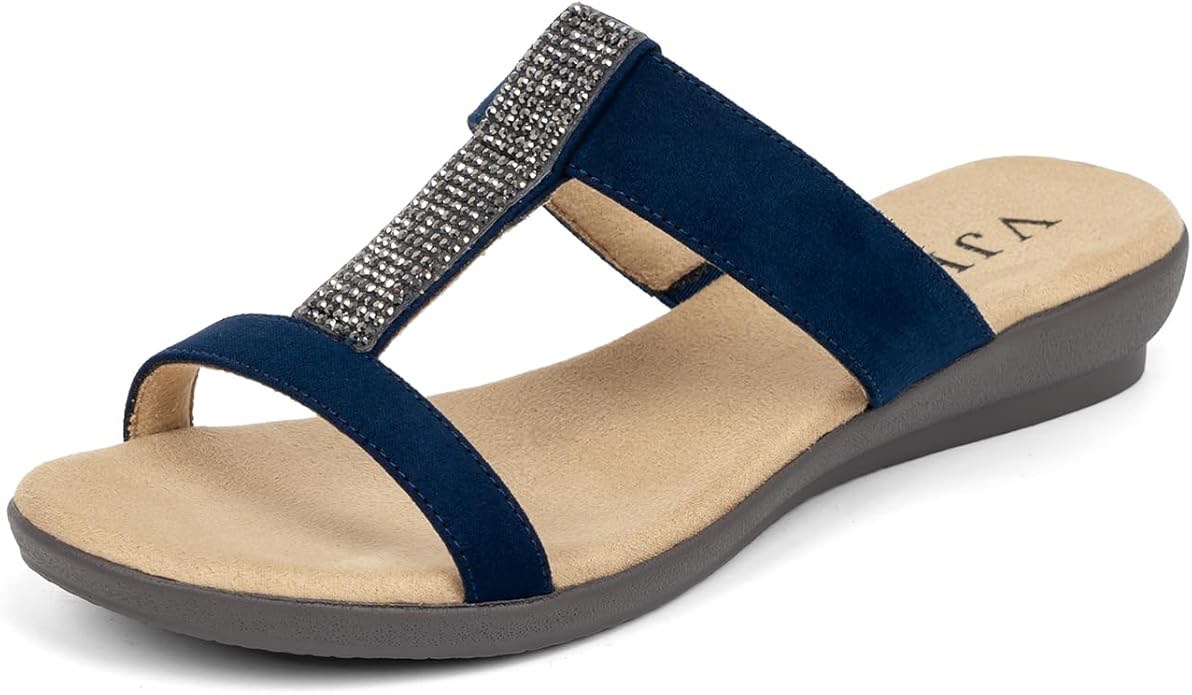 VJH confort Women’s Slides, Comfortable Open toe Rhinestone H-band Dressy Flat Sandals (9.5)
