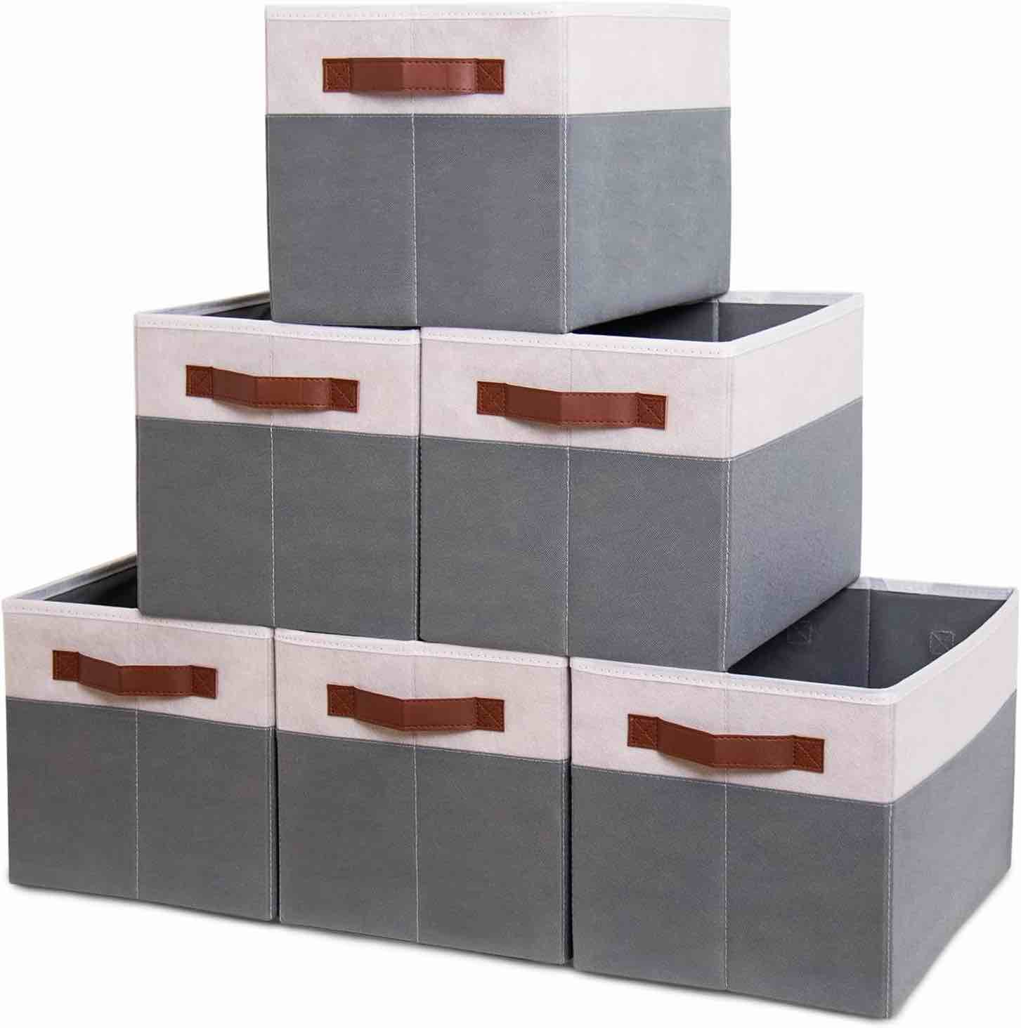 HOdo Home 6PCS Fabric Storage Bin with Hard Bottom Base and 2 Bold Handles, Collapsible Large Canvas Storage Baskets for Organizing Shelf Nursery Home Closet (Grey&White, 14L×10W×9.5H)