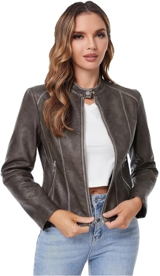 (Large) DIASHINY Faux Leather Jacket For Women, Zip Up Moto Biker Coat, Short PU Motorcycle Outwear