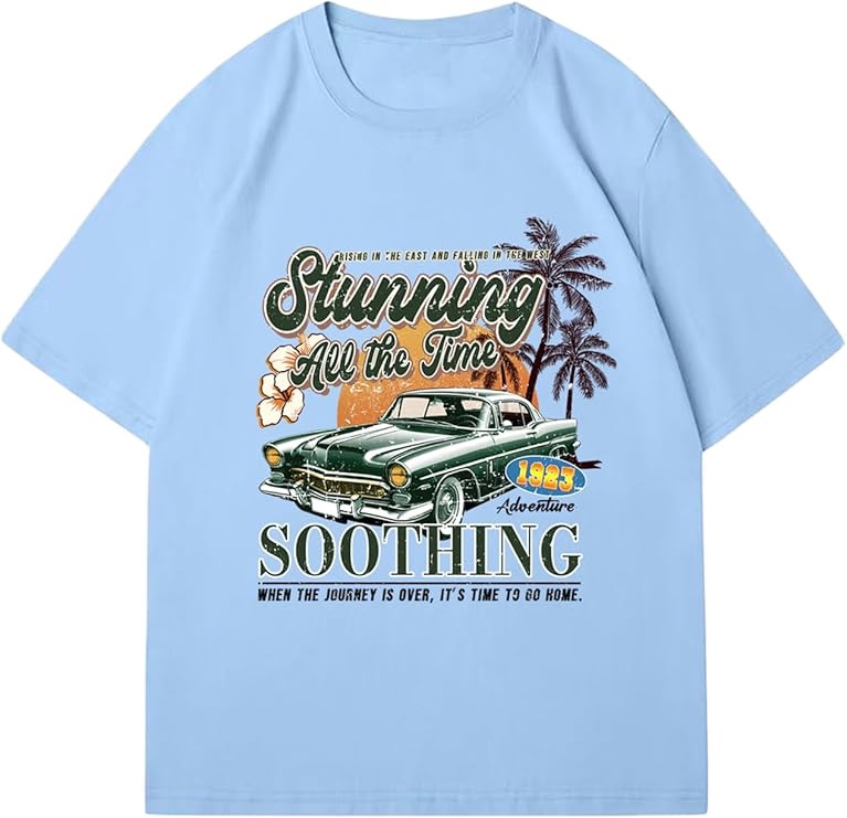 (Blue - Medium) RoseSeek Men's Vintage Car Graphic Short Sleeve T-Shirt Crew Neck Summer Tee Tops Streetwear