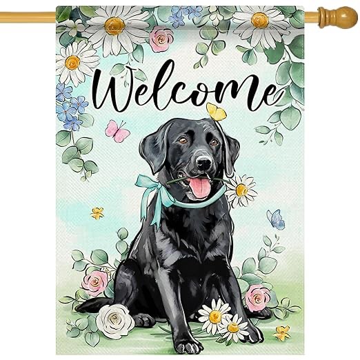 Covido Welcome Spring Black Labrador Dog Decorative House Flag, Pet Daisy Flower Eucalyptus Leaves Garden Yard Outside Decorations Dog Lover Gifts, Seasonal Outdoor Large Home Decor Double Sided 28x40