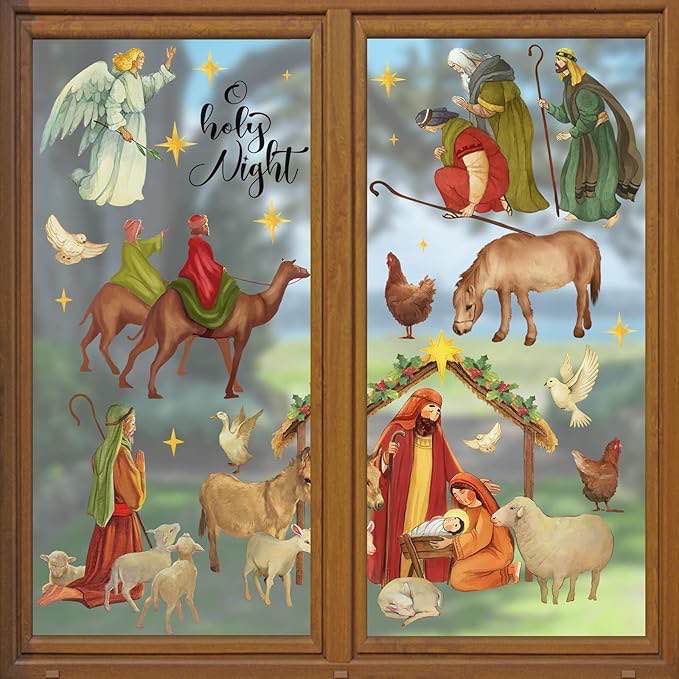 yokky o holy night christmas eve window clings 9 sheets, nativity scene figures christian winter stickers decal decor, 2025 new year religious angel animals gift home kitchen decorations