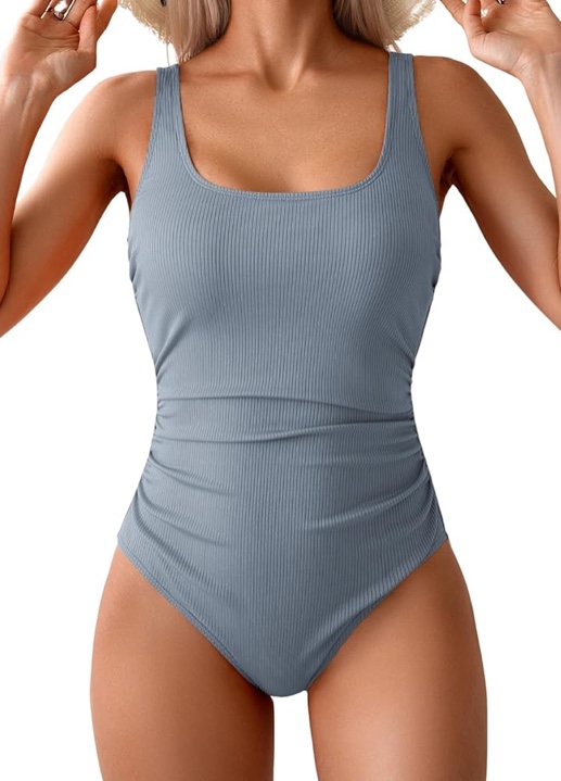 One Piece Swimsuit for Women Ribbed Tummy Control Bathing Suit Ruched Swim Suit Slimming Swimwear - XL