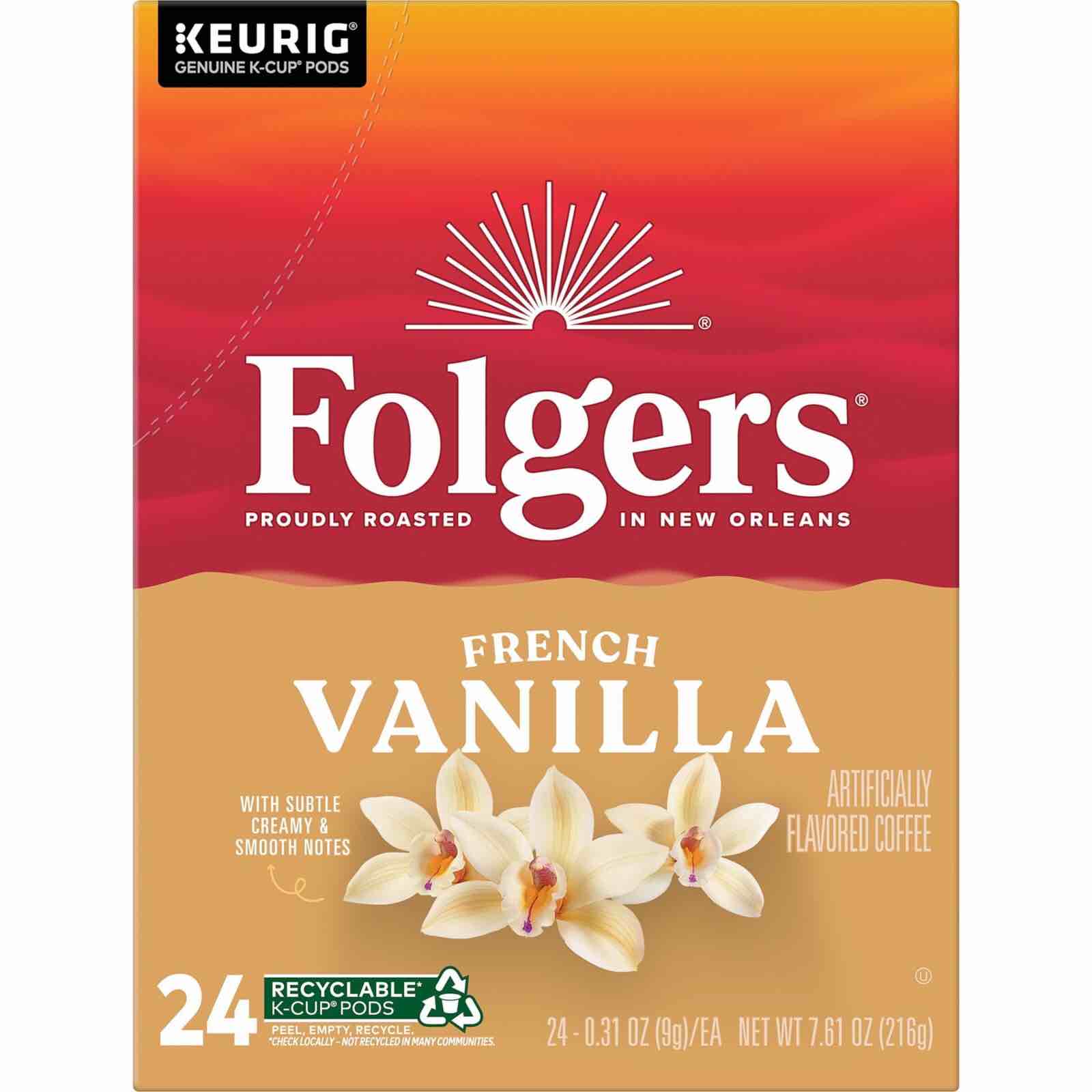 folgers french vanilla artificially flavored coffee, keurig k-cup pods, 24 count box