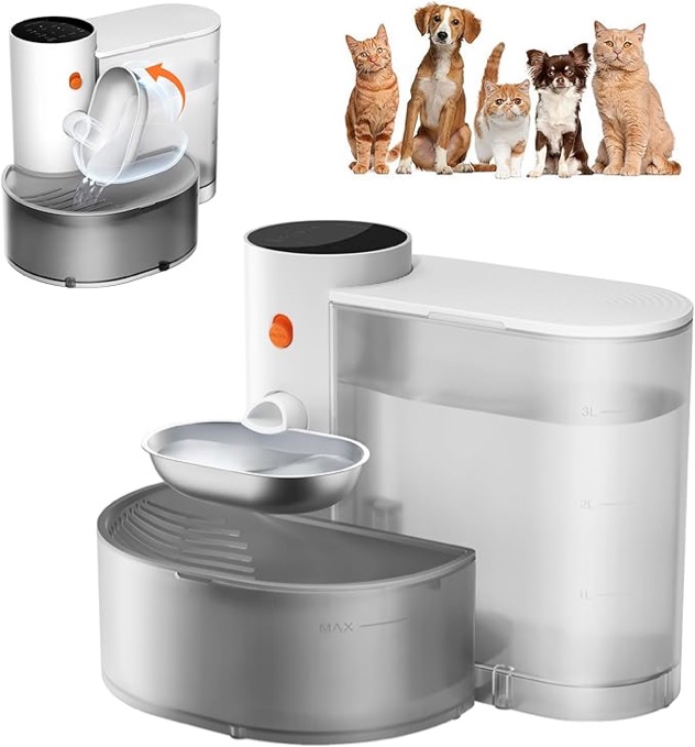 smart pet water fountain - stainless steel bowl, 2025 upgraded automatic water dispenser for cats & small dogs, self-refill tipping wastewater separation