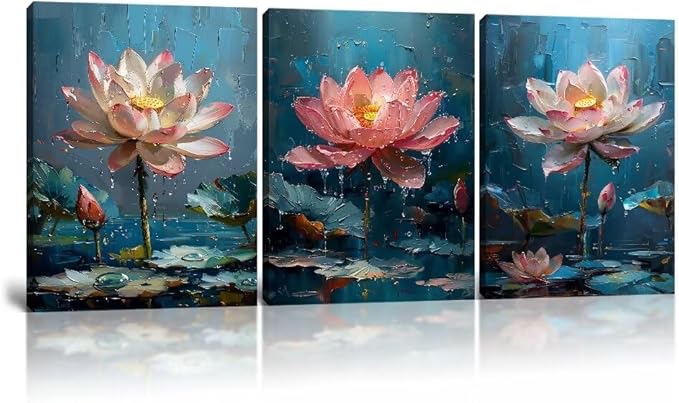 HJY Art Lotus Flower Wall Art Pictures Canvas Flowers Wall Decor for Living Room Bedroom Bathroom Office Dining room Colorful Print Paintings Abstract Modern Framed Artwork (12x16 Inch x 3PCS)