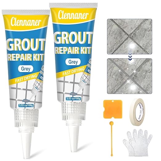 Tile Grout Repair Kit, 2 Pack Grout Filler - Fast-Drying Grout Paint, Restore & Refresh Tile Joints for Bathroom, Shower, Kitchen & Floor Tiles - Grey