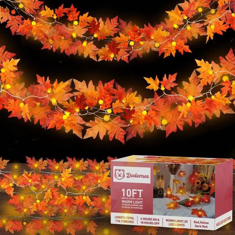 Fall Garland with Lights String Decorations: 4 Pack Maple Leaves String Light Outdoor Indoor Total 80 LED Battery Operated Orange Pumpkin Decoration for Thanksgiving Halloween Christmas Fall Decor