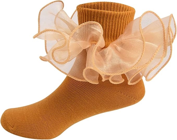 (6-8 Years) Fuguibadn Toddler Baby Girls Ruffle Socks With Big Double Lace Frilly Dress Socks Kids Soft Princess Ankle Socks