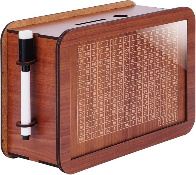 10000 Savings Challenge Box, Cashbox Kakeibo Money Box, Cash Vault Wooden Savings Box 10,000 Dollar, Reusable Digital Piggy Bank for Adults Kids, Money Save Box 10k Money Saver