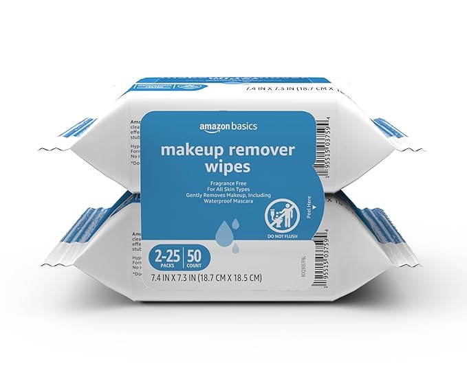 Amazon Basics Make Up Remover Wipes, 25ct (Pack of 2)