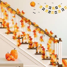 fall garland with lights string decorations: 4 pack maple leaves string light outdoor indoor total 80 led battery operated orange pumpkin decoration for thanksgiving halloween christmas fall decor
