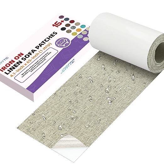 JCATTC Iron-On Couch Repair Kit, Linen Fabric Patch, Waterproof, Permanently Adheres to Sofa and Decorative Indoor and Outdoor Furniture Surfaces,4.1X65 Inch Beige