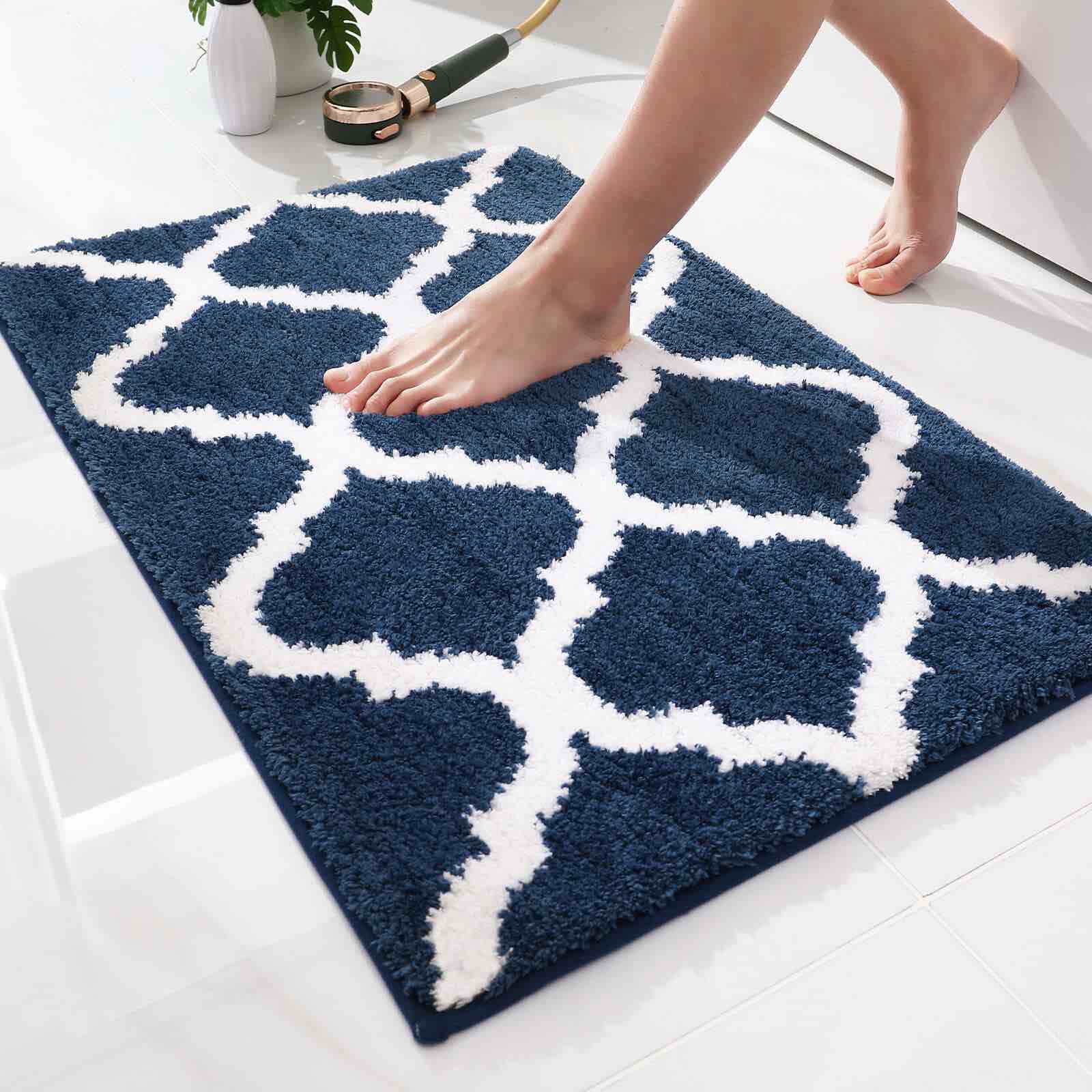 Bathroom Rugs Bath Mat, Super Soft and Water Absorbent Microfiber Striped Bath Rugs, Non-Slip Shaggy Bath Mats, Extra Thick Machine Washable Carpet for Tub Shower Bath Room (Navy Blue, 16"x24")
