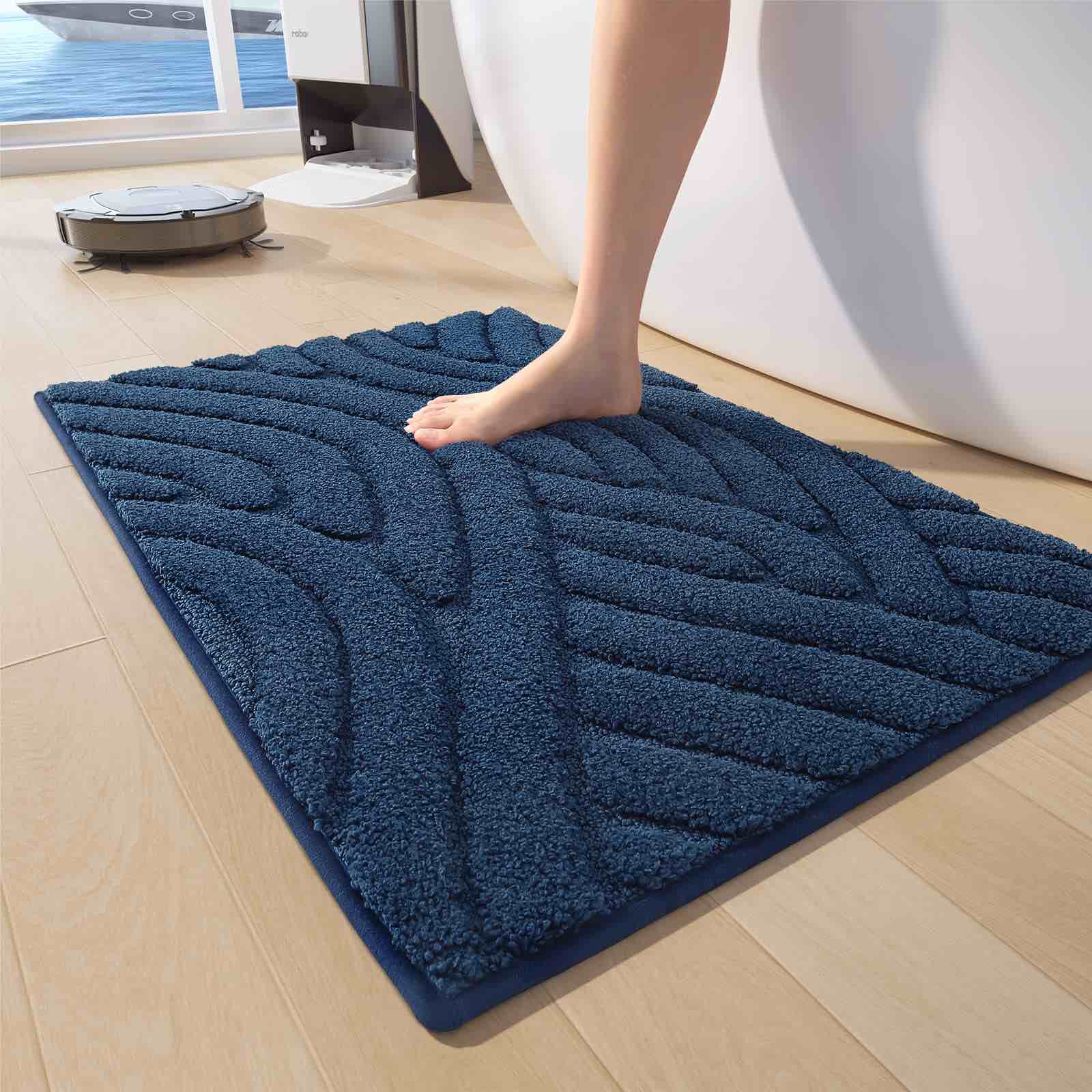 Bathroom Rugs Bath Mat, Super Soft and Water Absorbent Microfiber Striped Bath Rugs, Non-Slip Shaggy Bath Mats, Extra Thick Machine Washable Carpet for Tub Shower Bath Room (Navy Blue, 16"x24")