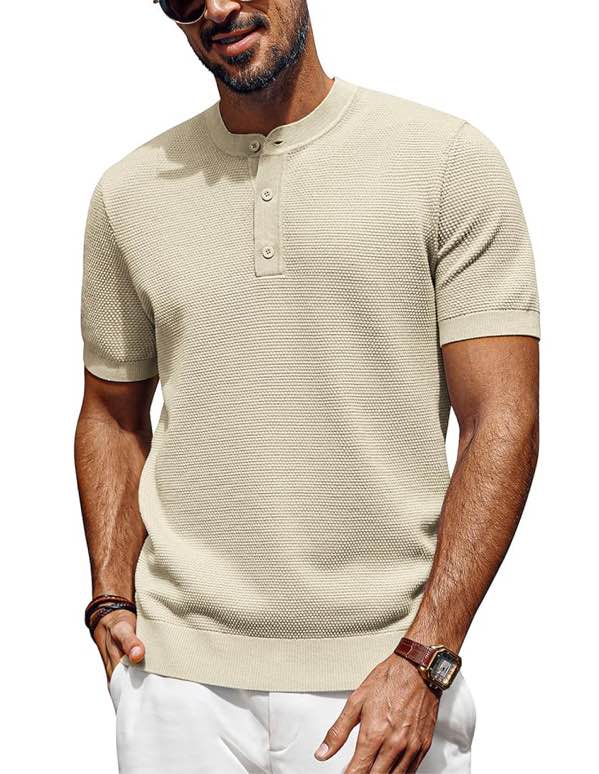 PJ PAUL JONES Mens Henley Short Sleeve Shirt Button Crewneck Tee Shirt for Business Casual Knit Tshirt White