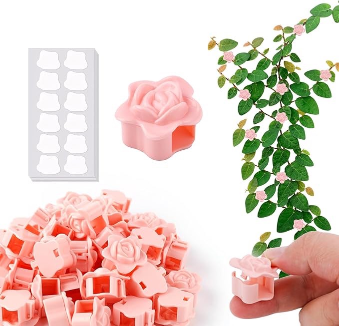 BOXOB 50pcs Plant Climbing Wall Clips, 0.39 Inch Diameter Self-Adhesive Plant Vine Fixture Hooks with 60 Stickers Climbing Vine Traction Support Holder Mount for Wall Outdoor Indoor Garden (Pink)
