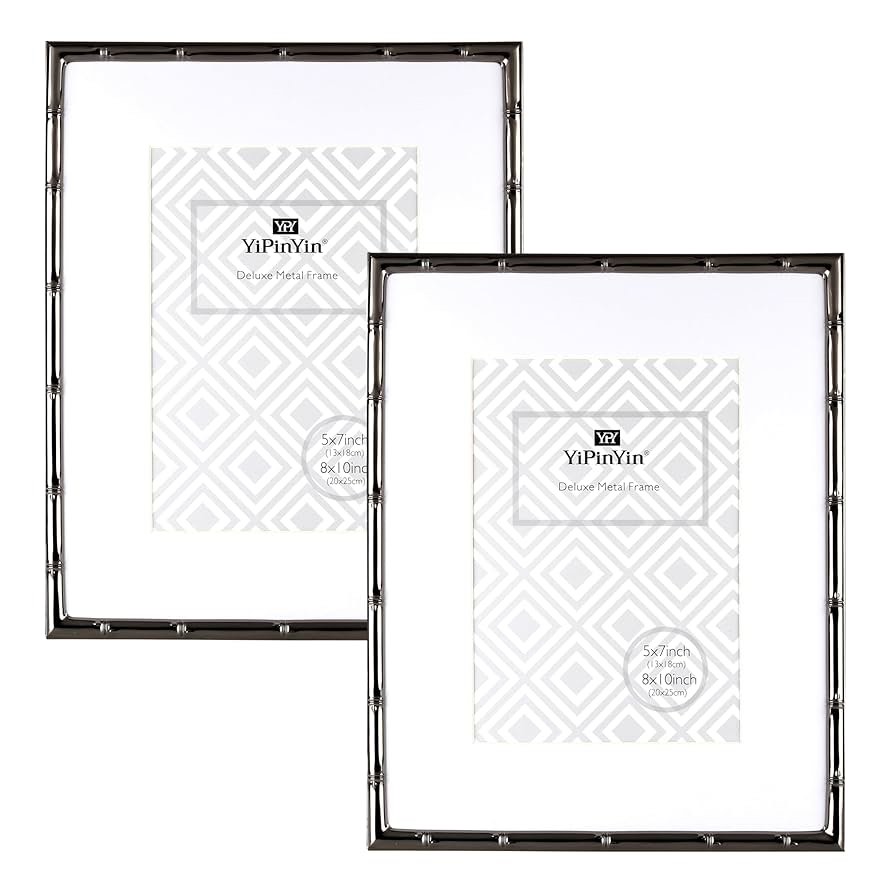 8x10'' Bamboo Detail Designs Black Metal Picture Frame with Mat for 5x7'' Set of 2, Narrow Charchoal Plated Photo Frames 5 x7'' With Soft Touch Velvet Backing for Desktop and Wall Décor(Black)