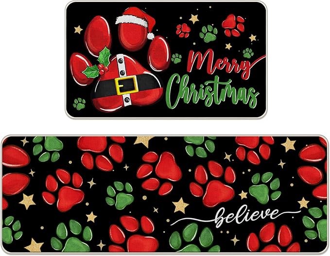 Tailus Merry Christmas Dog Cat Paw Prints Kitchen Rugs Set of 2, Xmas Believe Stars Kitchen Mats Decor, Funny Winter Holiday Floor Door Mat Home Decorations Pet Lover Gifts - 17x29 and 17x47 Inch