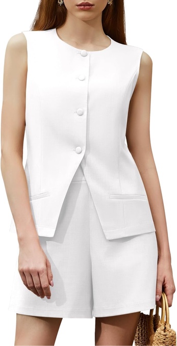 Casly Lamiit Women's Summer 2 Piece Outfits High Waisted Short Sets Crewneck Button Down Vest Business Work Blazer Suit - Medium