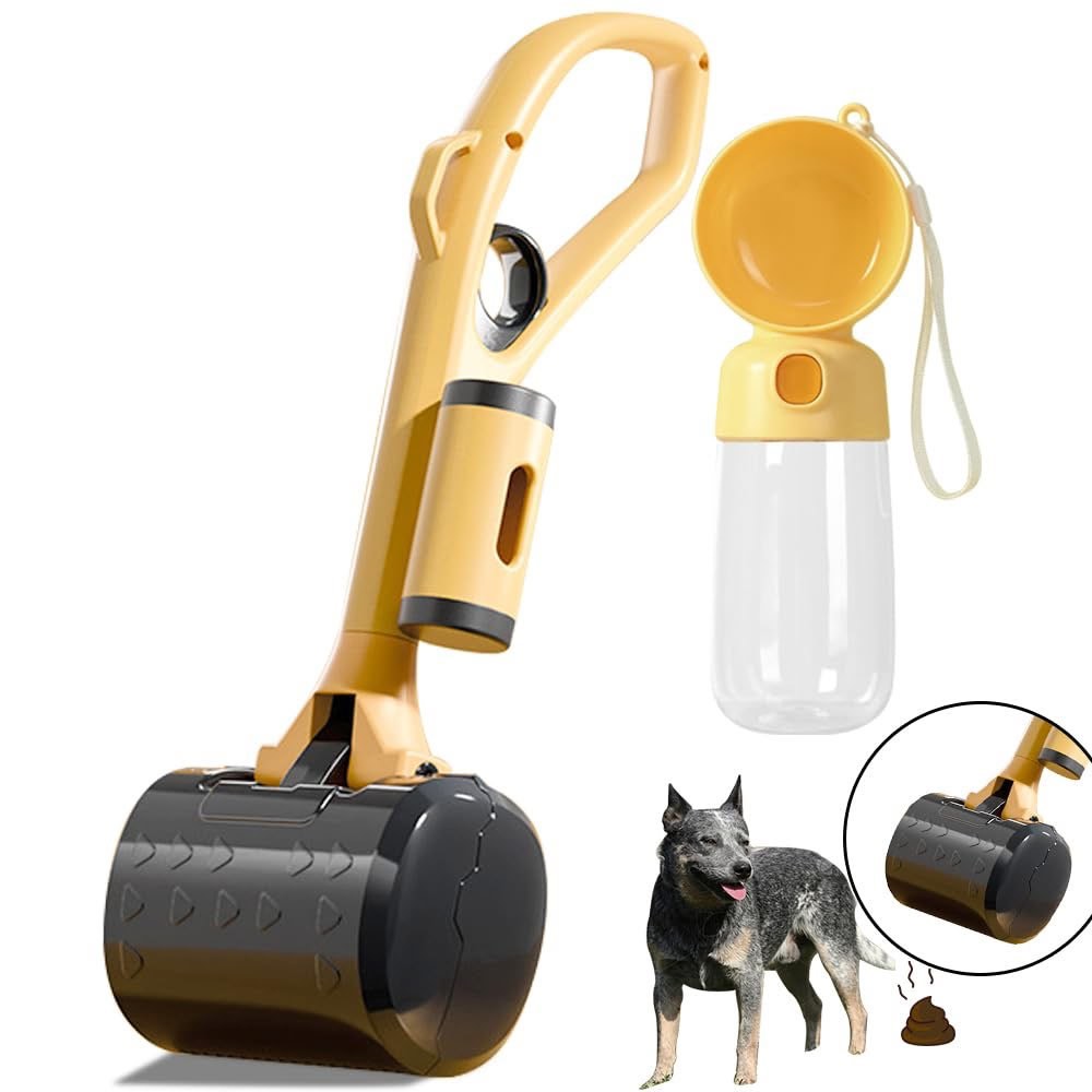 ANLIK 13" Portable Dog Poop Scooper Handheld Size for Dog Walker Waste, Picker for Small Medium Large Dogs Pup Poop Scoop with Portable Dog Water Bottle & 20pcs Pet Waste Bag (Yellow Black+Water Cup)
