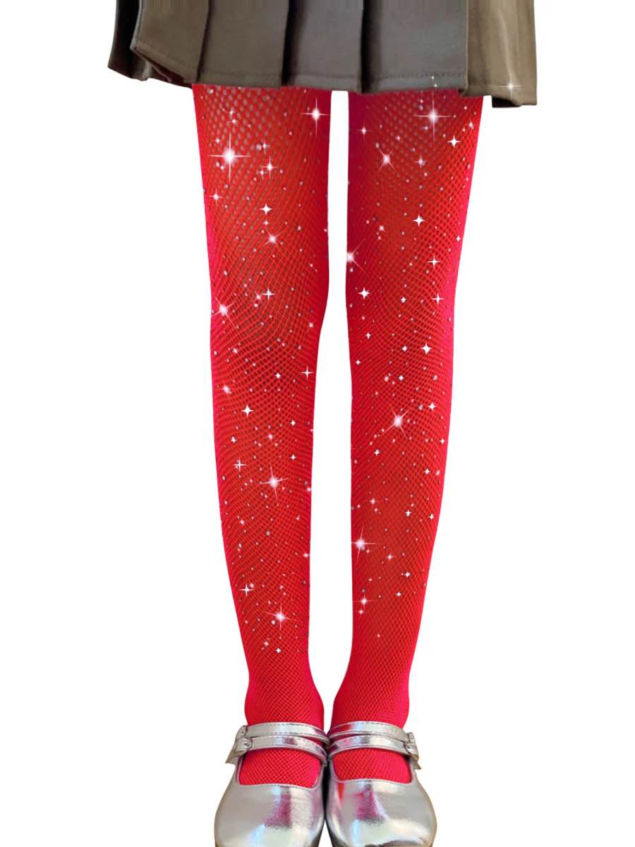 Girls Sparkle Fishnet Tights Toddler Glitter Tights Rhinestone Stockings For Kids Halloween Accessories 1-6 Years Red
