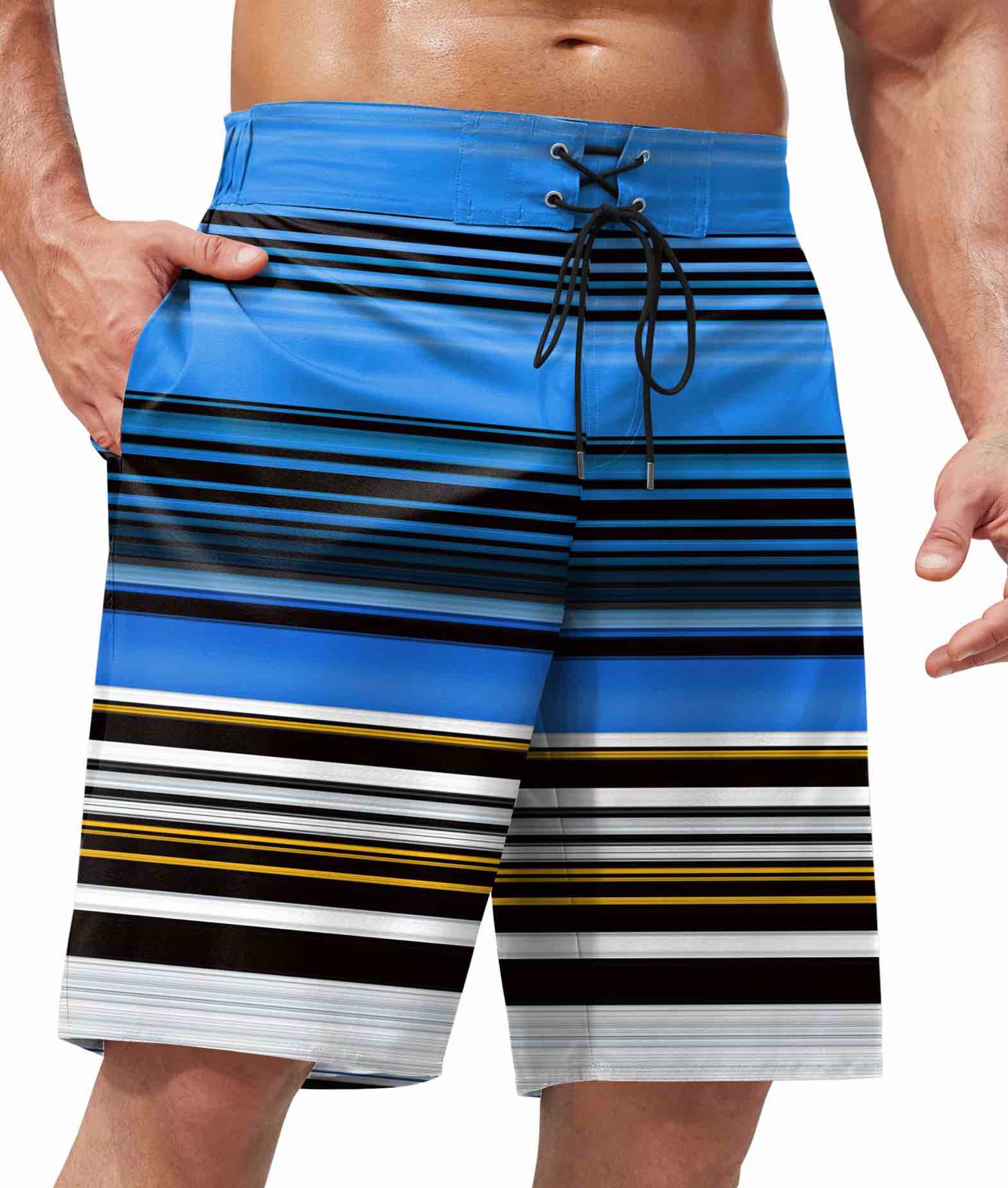 (X-Large) ERECT PEAK Mens Casual Beach Short Lightweight Swimsuit Print 9'' Inseam Gradient Stripes Pockets Bathing Trunk XL