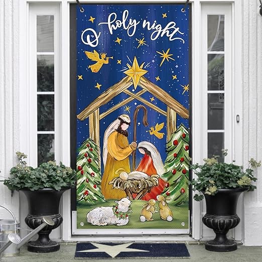 Deroro Christmas O Holy Night Religious Door Cover Decorations, Xmas Jesus Nativity Scene Sheep Rabbit Front Door Banner Background, Winter Holiday Farmhouse Indoor Outdoor Home Decor 3 x 6 FT