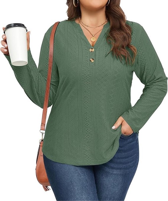 KARALIN Womens Plus Size Eyelet Button Down V Neck Long Sleeve Henley Dressy Casual Fall Shirts Blouses Tops
