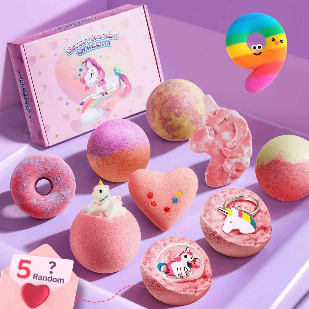Unicorn Bath Bombs for Kids with Surprise Inside,9 PCS Organic Bubble Bath Kids Bath Bombs,Natural Kids Bubble Bath Bombs for Girls Bathbombs,Handmade Bath Bomb Kit, Unicorn Gifts for Girls Bath Bombs