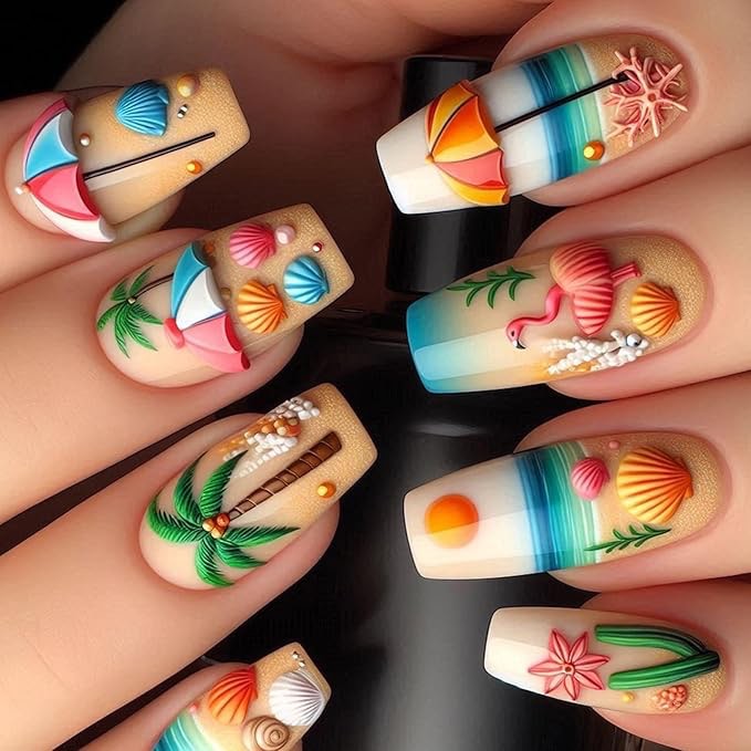 Press on Nails Medium Coffin Fake Nails Coffin Acrylic Nails Sea Wave Starfish Glue on Nails Coconut Palm Stick on Nails Full Cover Reusable False Nails for Women Nail Decoration 24 PCS