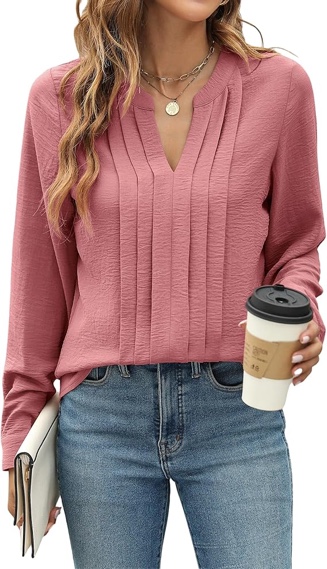 Women's Dressy Casual Blouses Business Work Tops Long Sleeve V Neck Pleated Shirts 2025 Fall Outfits